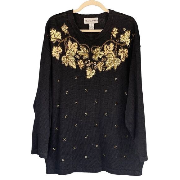 S5 VTG Victoria Woman Women's Sequin Embellished Floral Pullover Sweater Black S - Picture 1 of 6